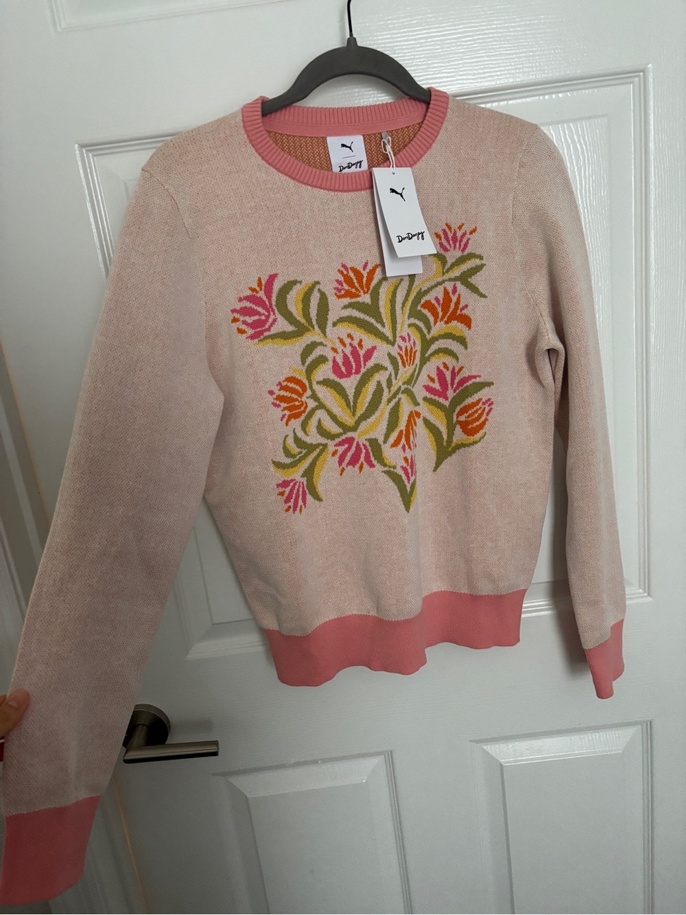 NWT Size S Puma x Dani Dazey Women’s Pink Floral Intarsia Crewneck Sweater